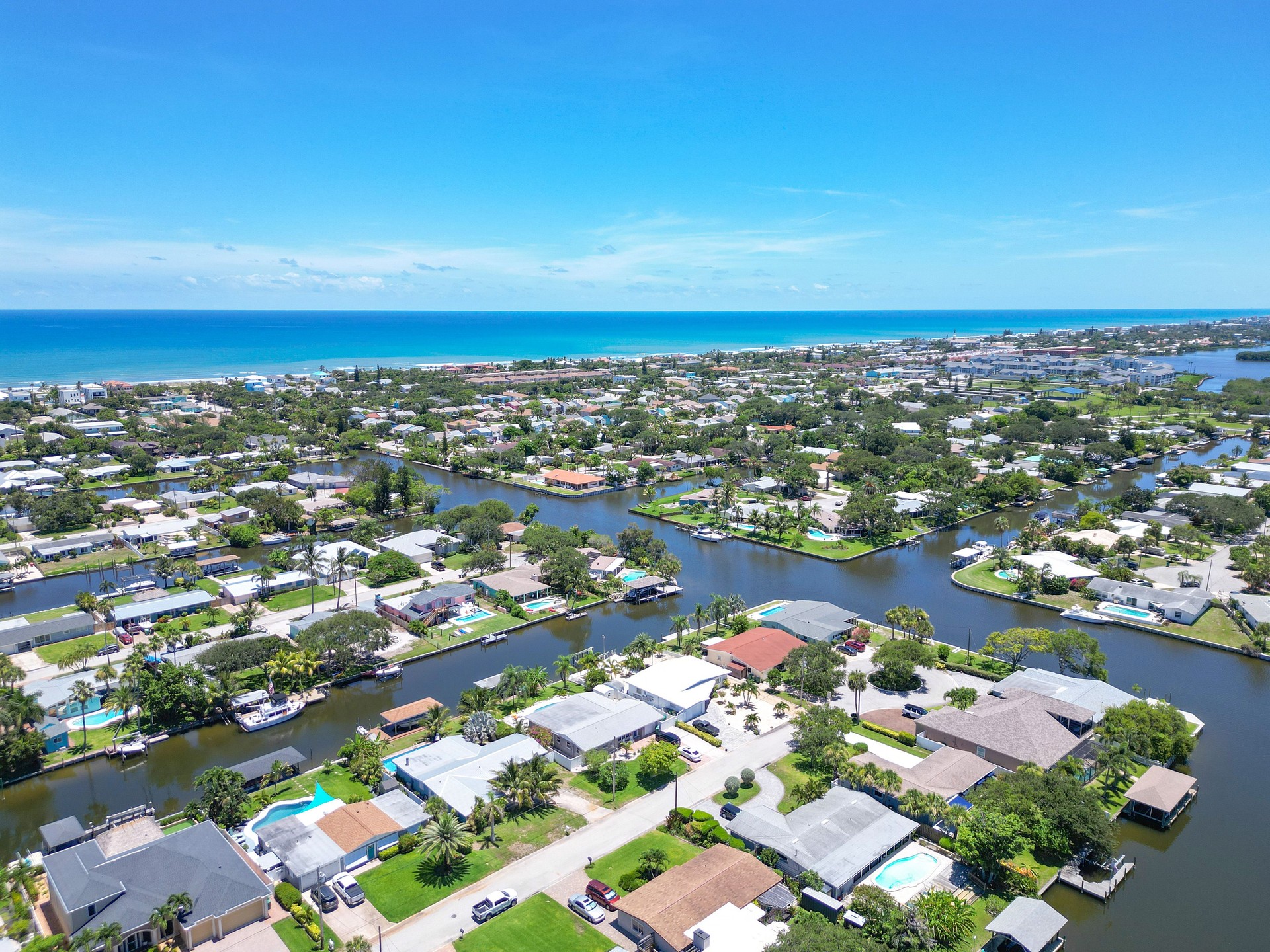 Residential homes along canals in Cocoa Beach on Florida's Space Coast in Brevard County